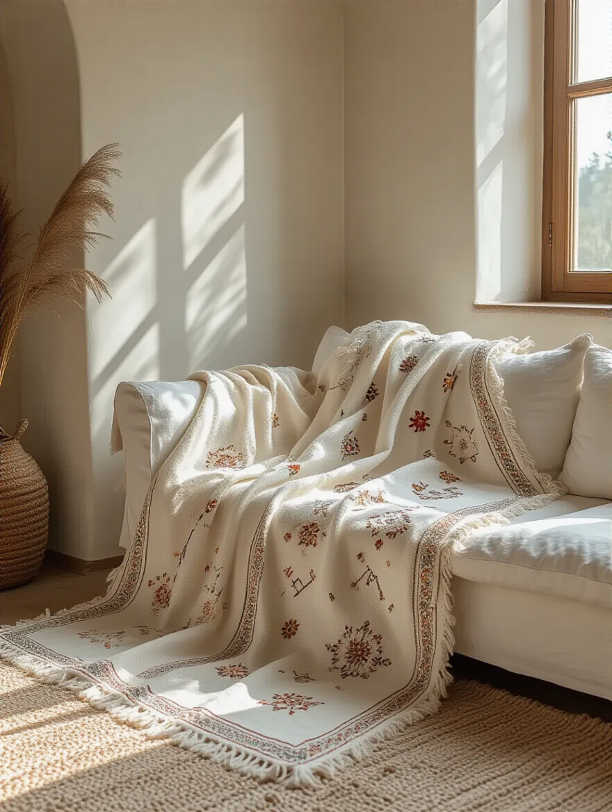 Boho living room corner with a handcrafted Moroccan wedding blanket draped above a white sofa, showcasing textured wool and shimmering sequins