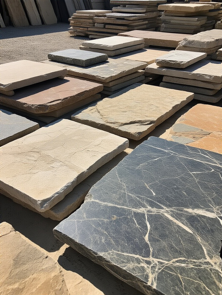 Display of remnant stone slabs in a stone yard for kitchen remodel.