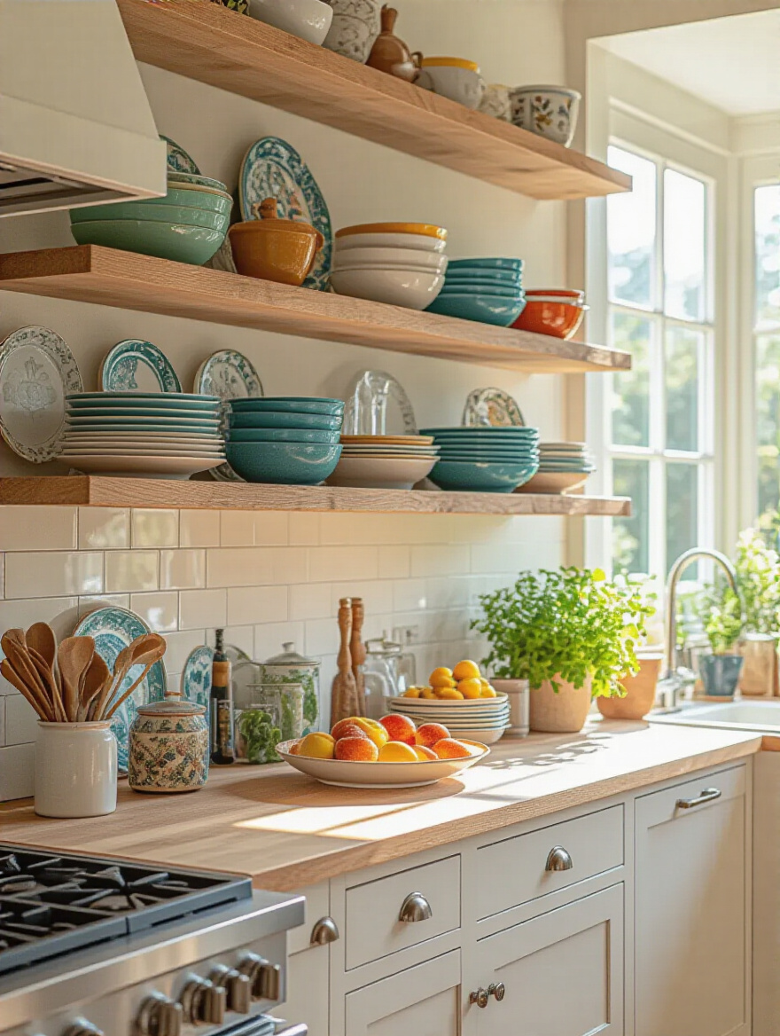 A modern kitchen with open shelving displaying colorful dishes and decor.