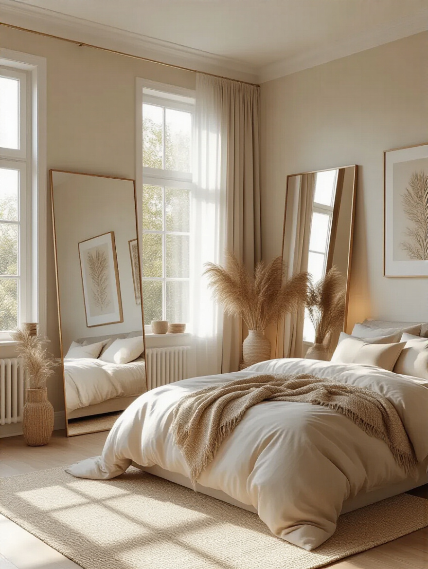 Bedroom with strategically placed mirrors reflecting natural light