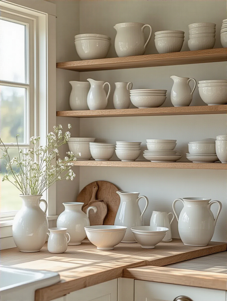 Styled collection of white ceramics in a farmhouse kitchen setting