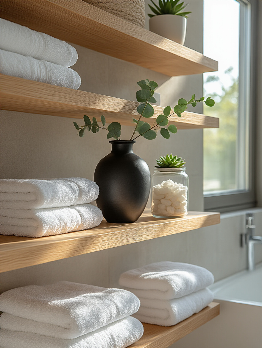 Minimalist bathroom open shelves styled with sparse accessories including folded towels, a black vase, and a small plant in natural light