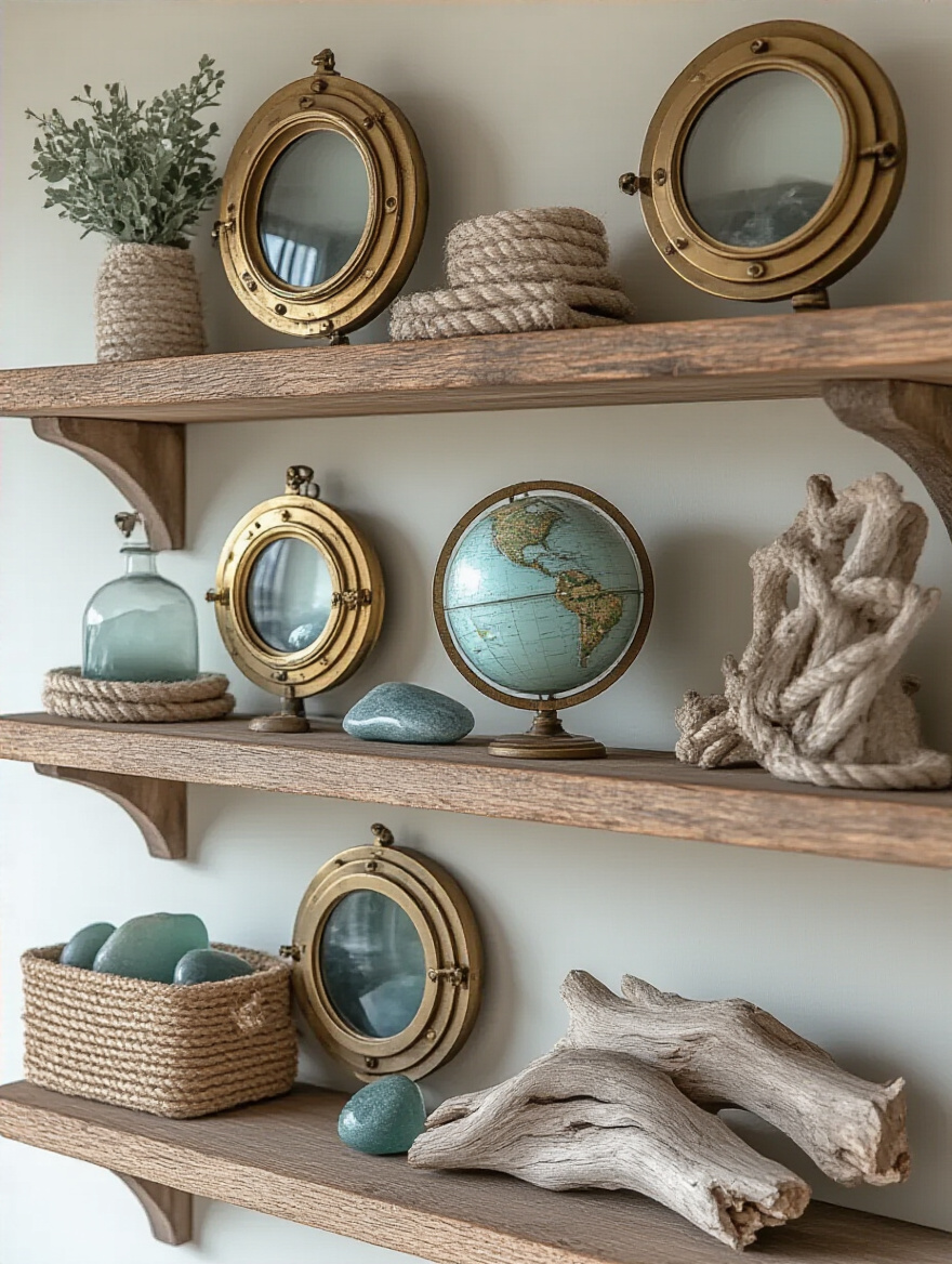 Styled shelf with nautical artefacts including brass portholes and driftwood