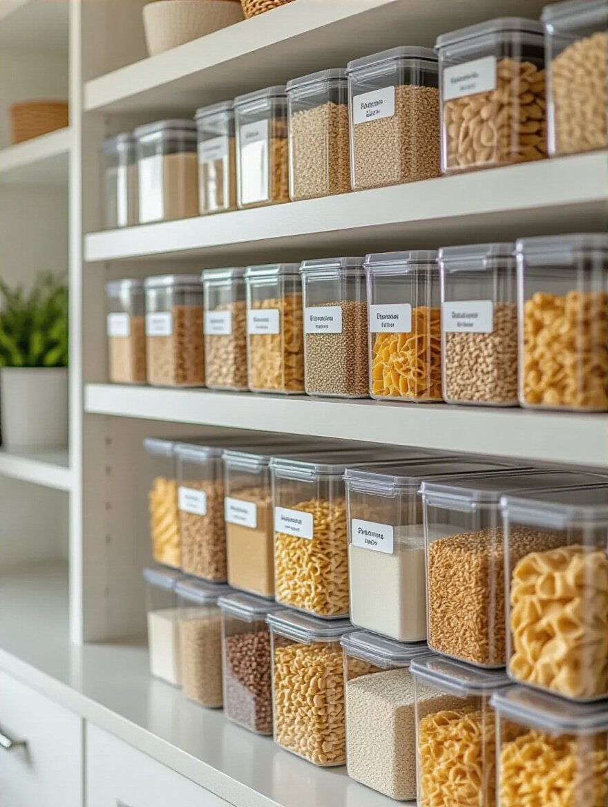 Organized kitchen pantry shelves with airtight clear containers labeled and filled with dry goods, showcasing fresh and visible ingredients.