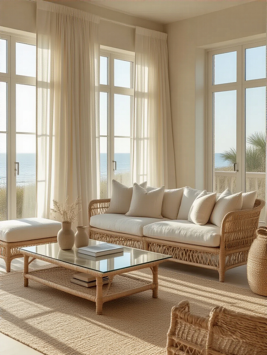 Bright coastal living room with natural light and light-filtering curtains
