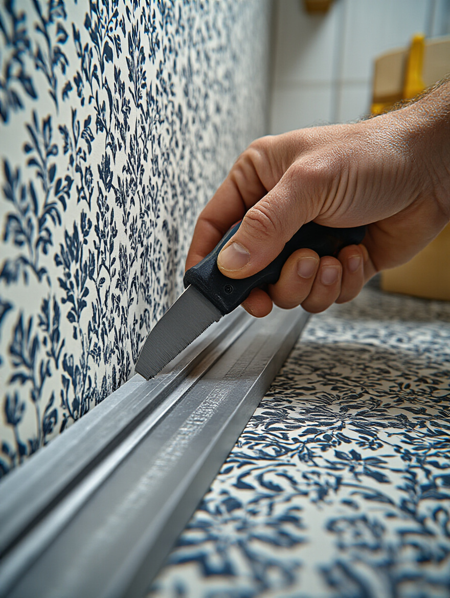 Close-up of wallpaper edge being trimmed precisely with a sharp utility knife along a metal straightedge in a laundry room