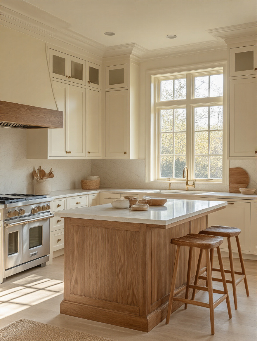A cohesive kitchen design showcasing cabinets with warm undertones and complementary elements.