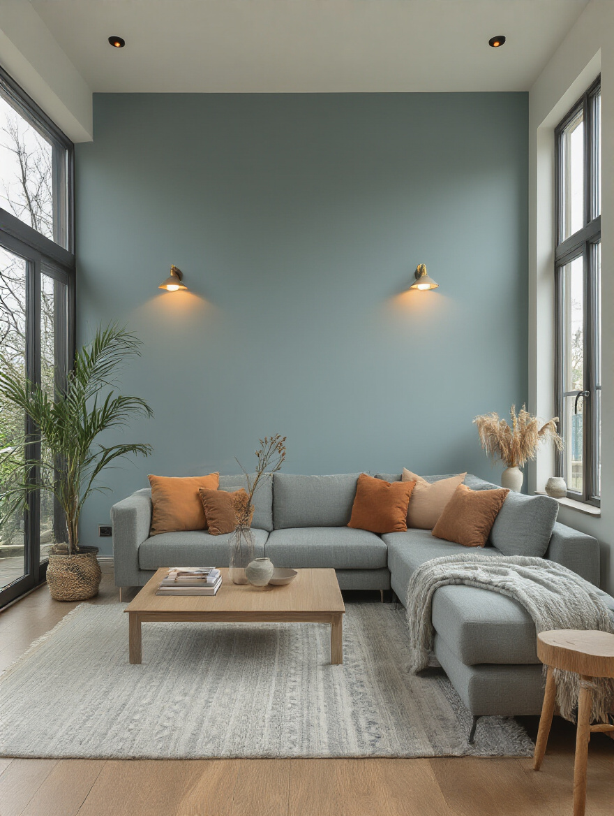 Modern living room with walls painted in a strategic color palette showcasing soothing cool tones and warm accents under natural and artificial lighting