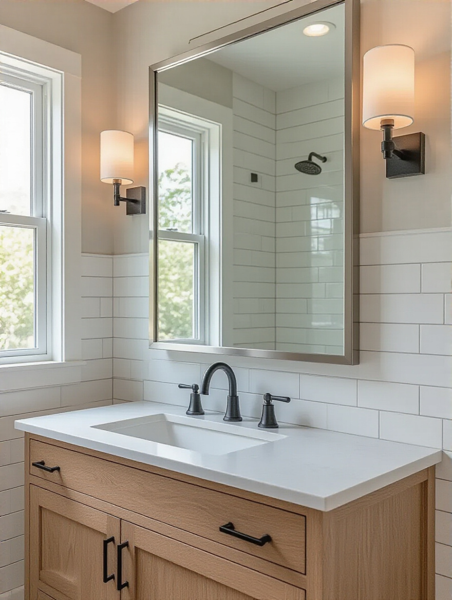 Modern bathroom mirror with updated brushed nickel frame and minimalist design