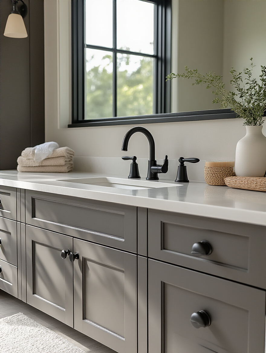 Modern bathroom vanity with matte black faucets and matching cabinet hardware, showcasing a polished and cohesive finish