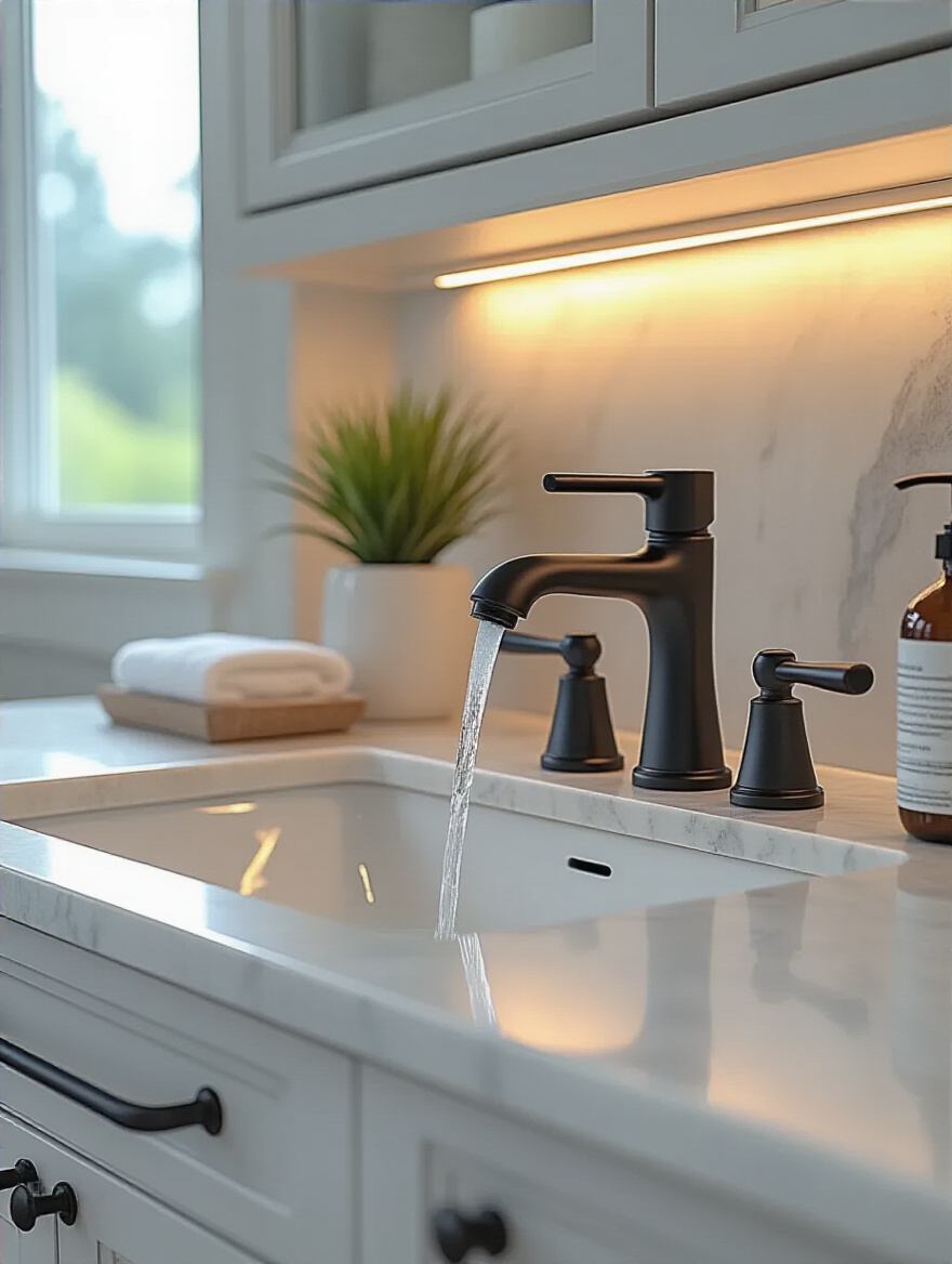 Modern bathroom sink with upgraded matte black faucets and matching hardware, showcasing a sophisticated and elegant design