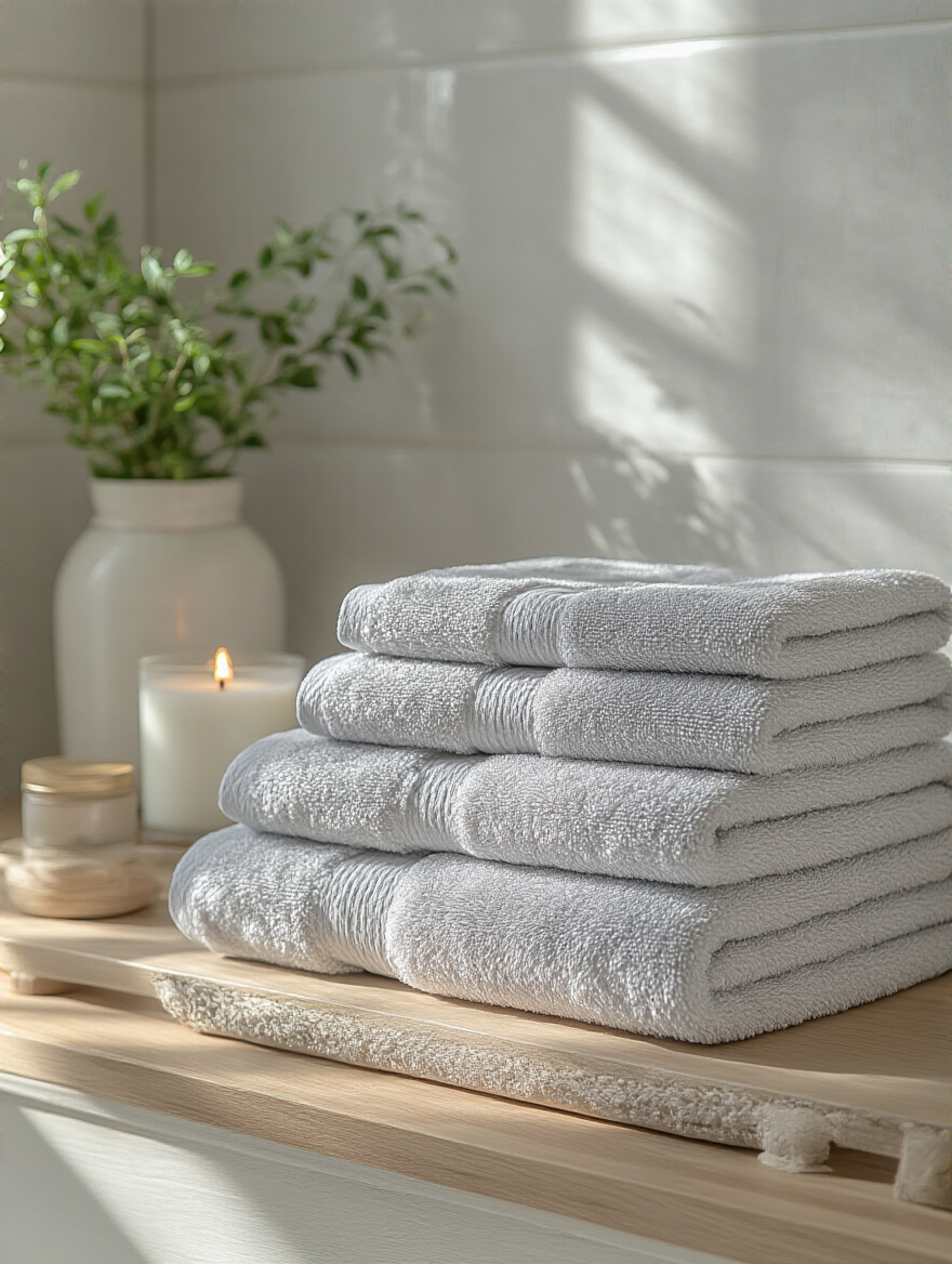 Stack of plush, cohesive gray towels neatly folded on wooden shelf in luxury bathroom