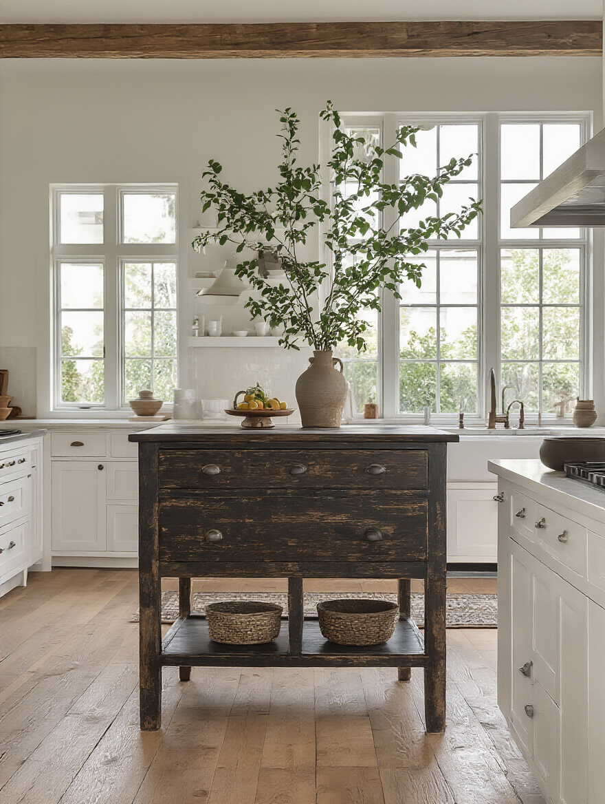 Modern kitchen showcasing a rustic dark wooden hutch as an accent furniture piece creating a visual focal point against white cabinetry
