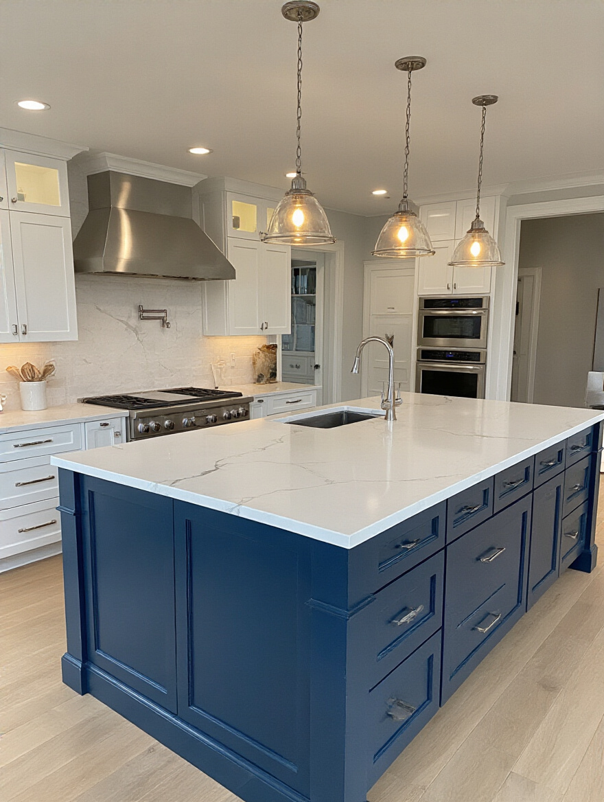 Modern kitchen with a bold blue island and white quartz countertop