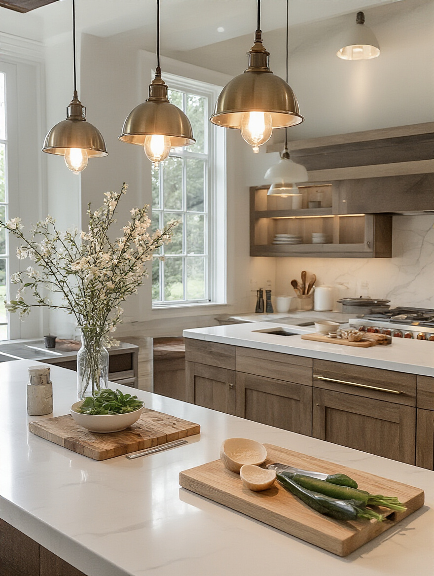 Modern kitchen island with task lighting illuminating a cutting board and culinary tools.