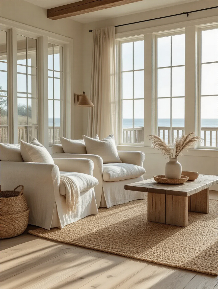 Coastal living room featuring natural materials like reclaimed wood and linen furnishings.