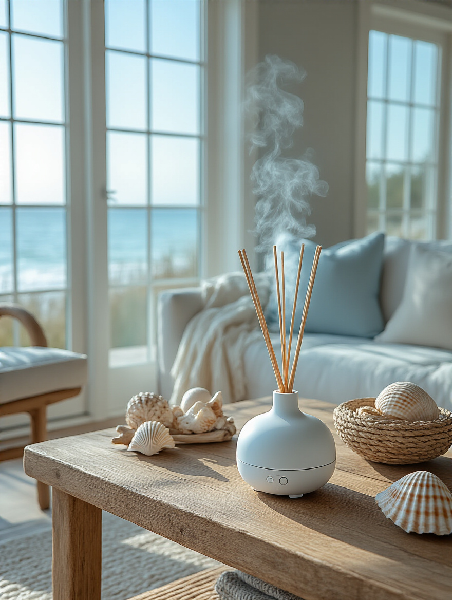 Coastal living room with ocean-inspired scents diffuser
