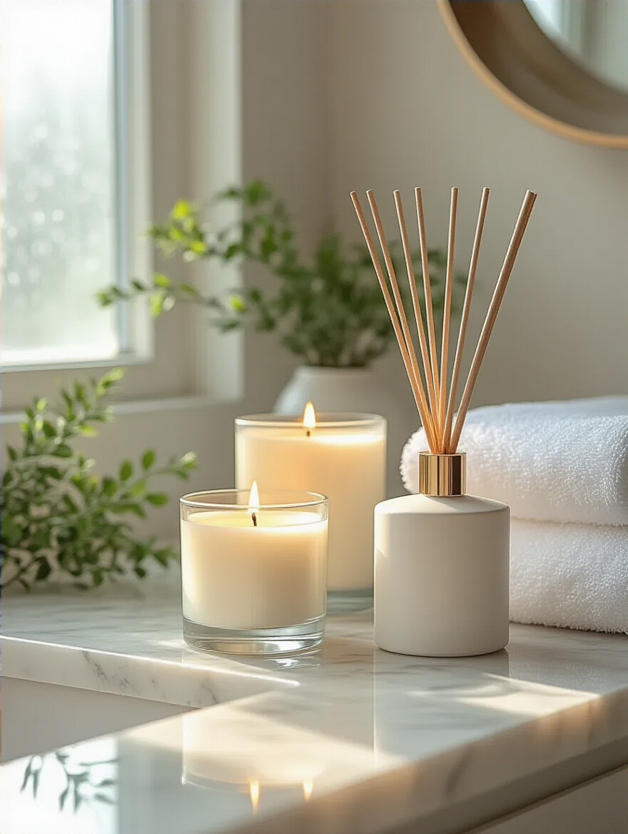 Scented candles and reed diffuser on marble bathroom countertop with soft natural lighting