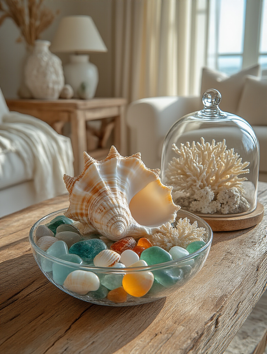Coastal living room featuring unique seashells, coral, and sea glass accents on a reclaimed wood coffee table.
