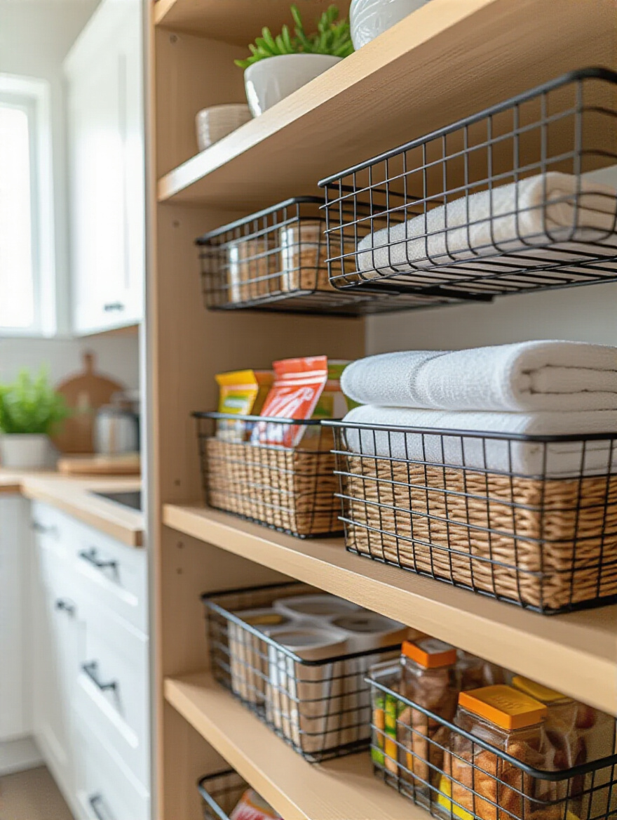 Under-shelf baskets installed beneath kitchen shelves holding linens and snack bags for organized storage