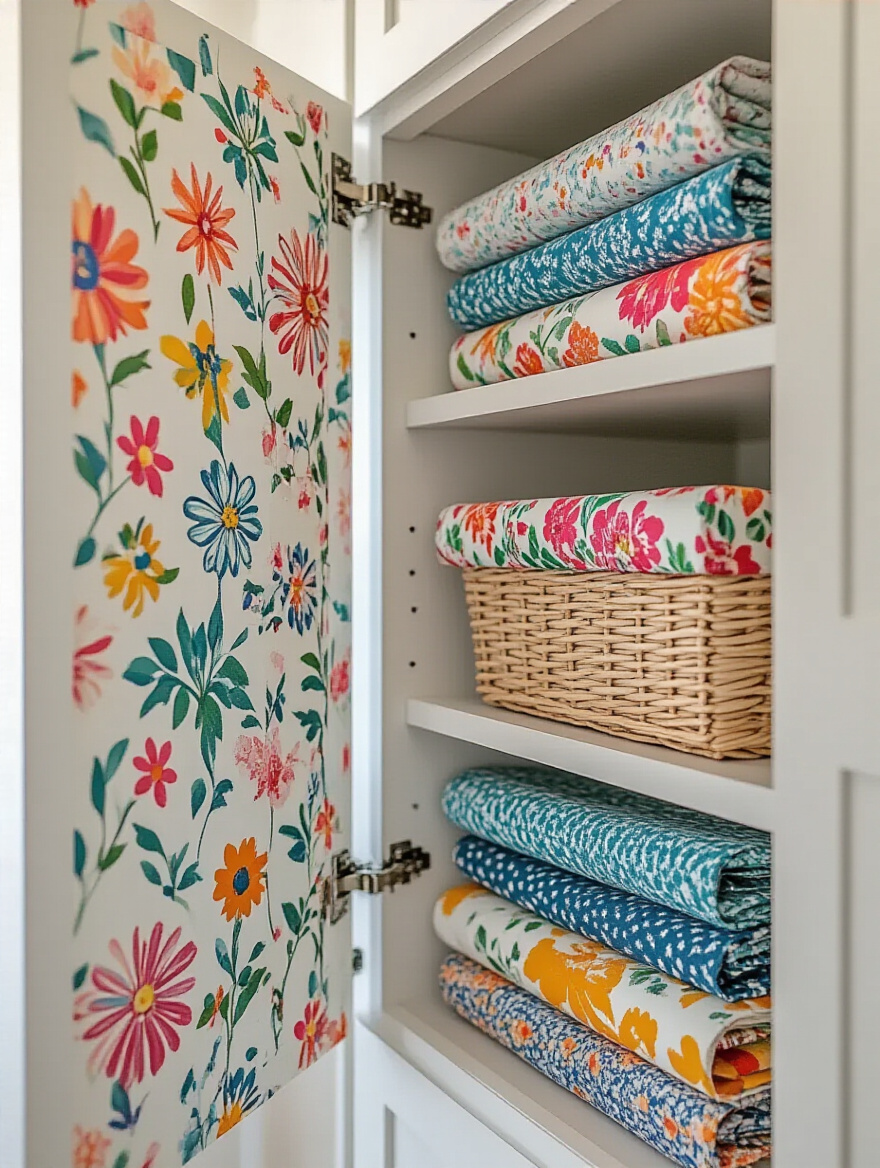 Open laundry room cabinet with shelves lined with colorful wallpaper scraps, showcasing a neat and stylish wallpaper lining design