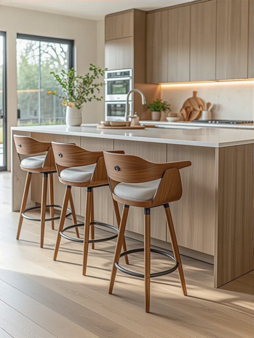 Modern kitchen island with stylish bar stools for comfortable countertop and island seating, bright natural lighting, no people