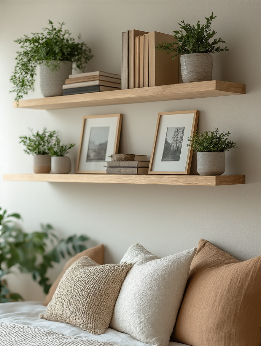 A stylish bedroom wall featuring floating shelves adorned with decorative objects.