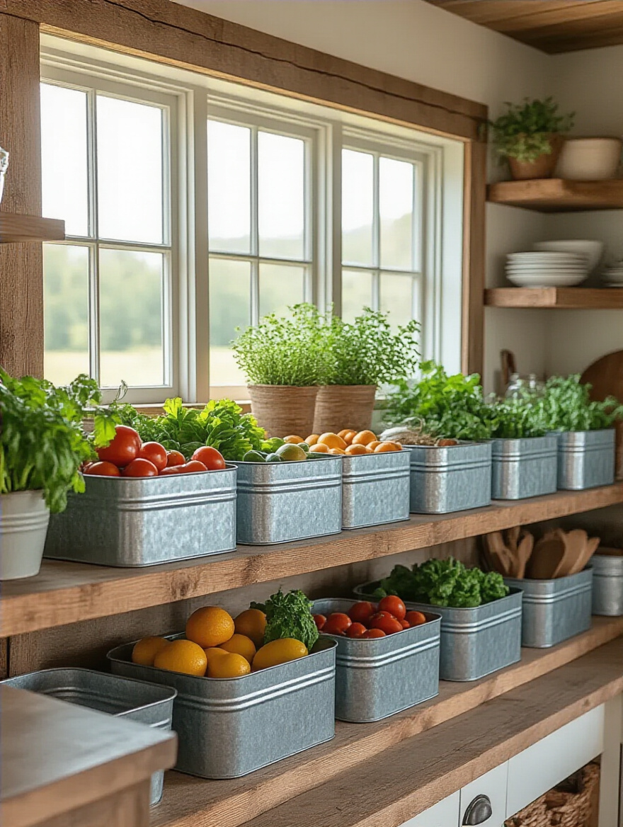 Galvanized metal bins arranged on rustic kitchen shelves filled with produce and kitchen items.