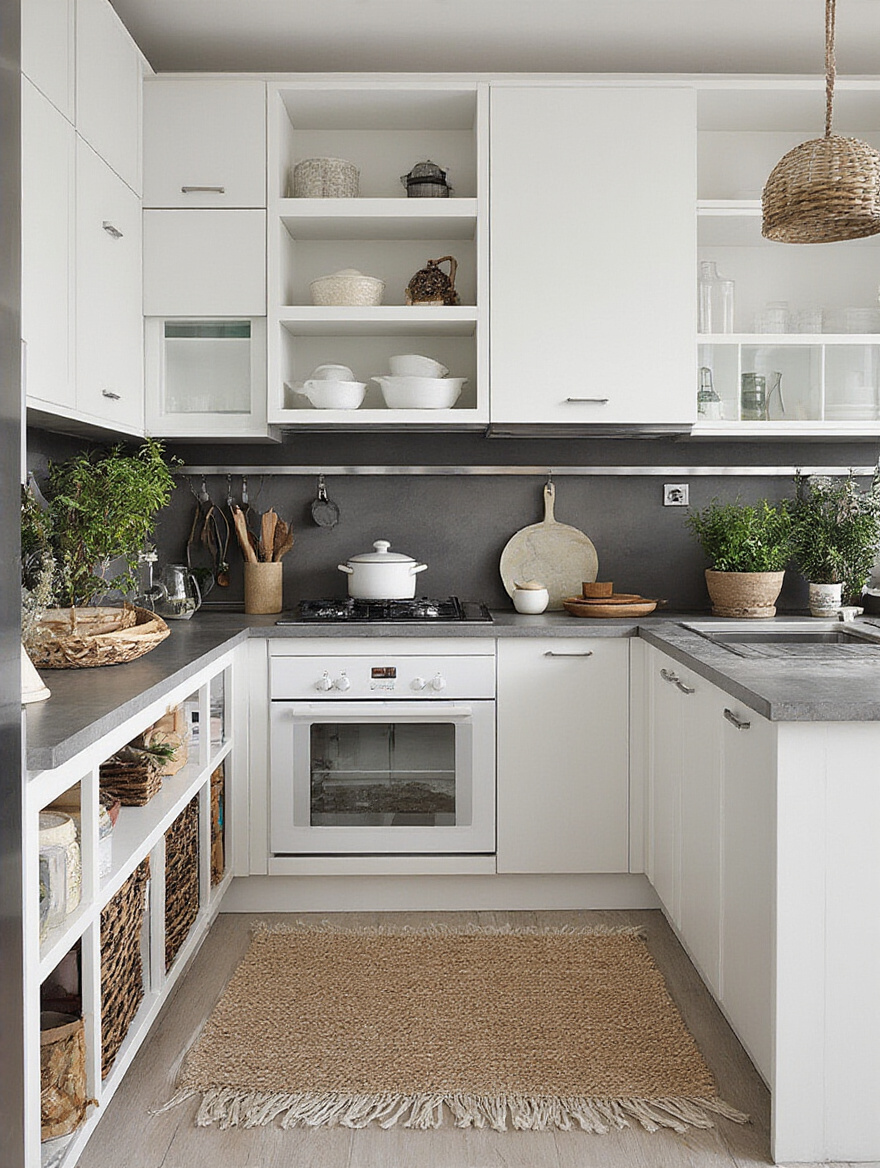 Modern kitchen deep cabinet with fully extended pull-out cabinet organizer displaying neatly arranged cookware and utensils