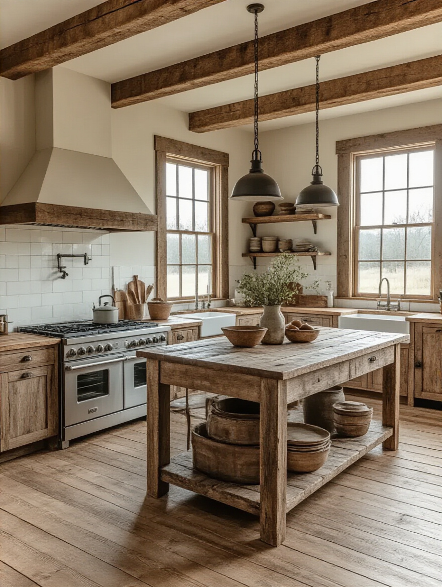 A cozy farmhouse kitchen highlighting reclaimed materials with aged wood and metal accents.