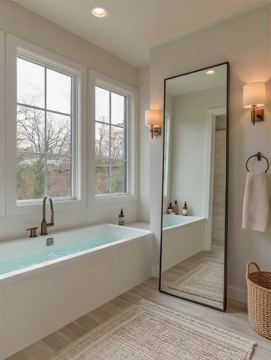 Modern small bathroom with oversized mirror strategically placed opposite window to amplify space and brightness