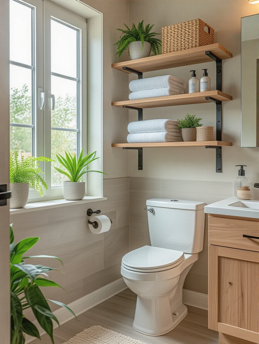 Modern small bathroom with wall-mounted shelves holding towels and toiletries, showcasing efficient use of vertical space