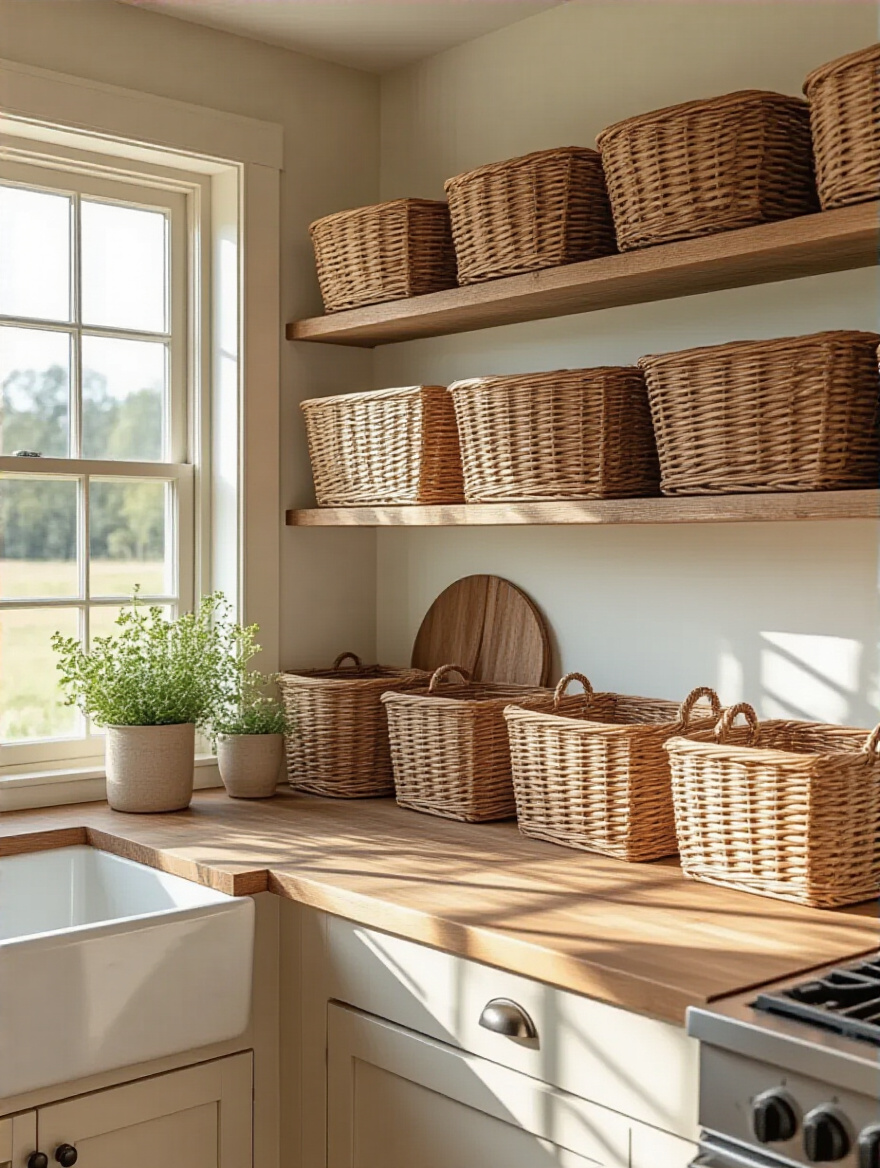 Farmhouse kitchen with wicker baskets on open shelves