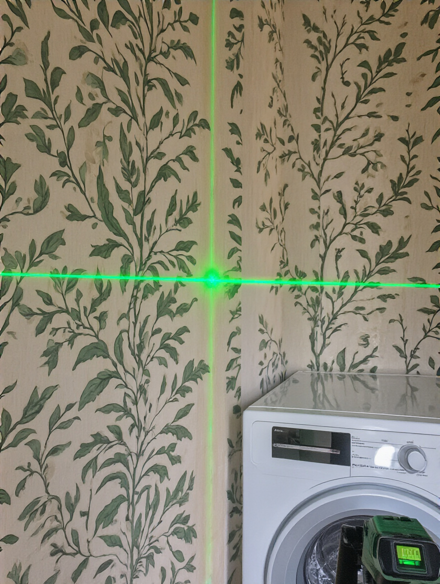 Laser level projecting a straight vertical line on a laundry room wall with partially applied wallpaper strips
