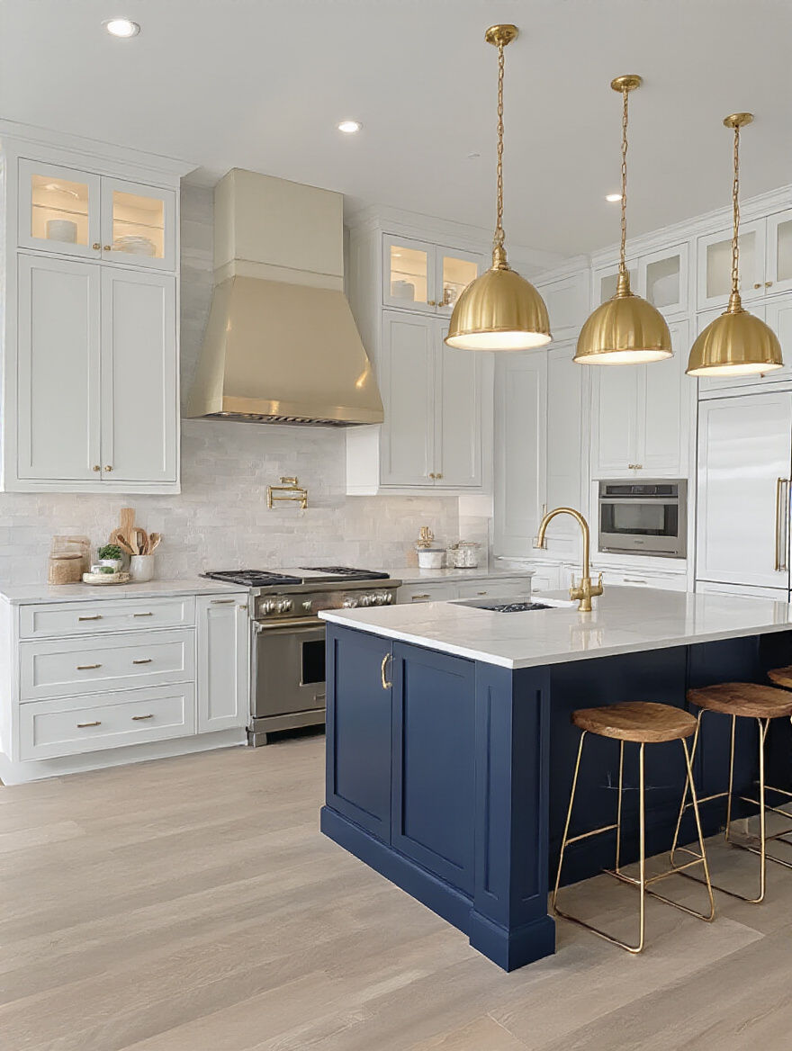 Kitchen design showcasing the 60-30-10 color distribution rule with white cabinets, navy island, and gold accents.