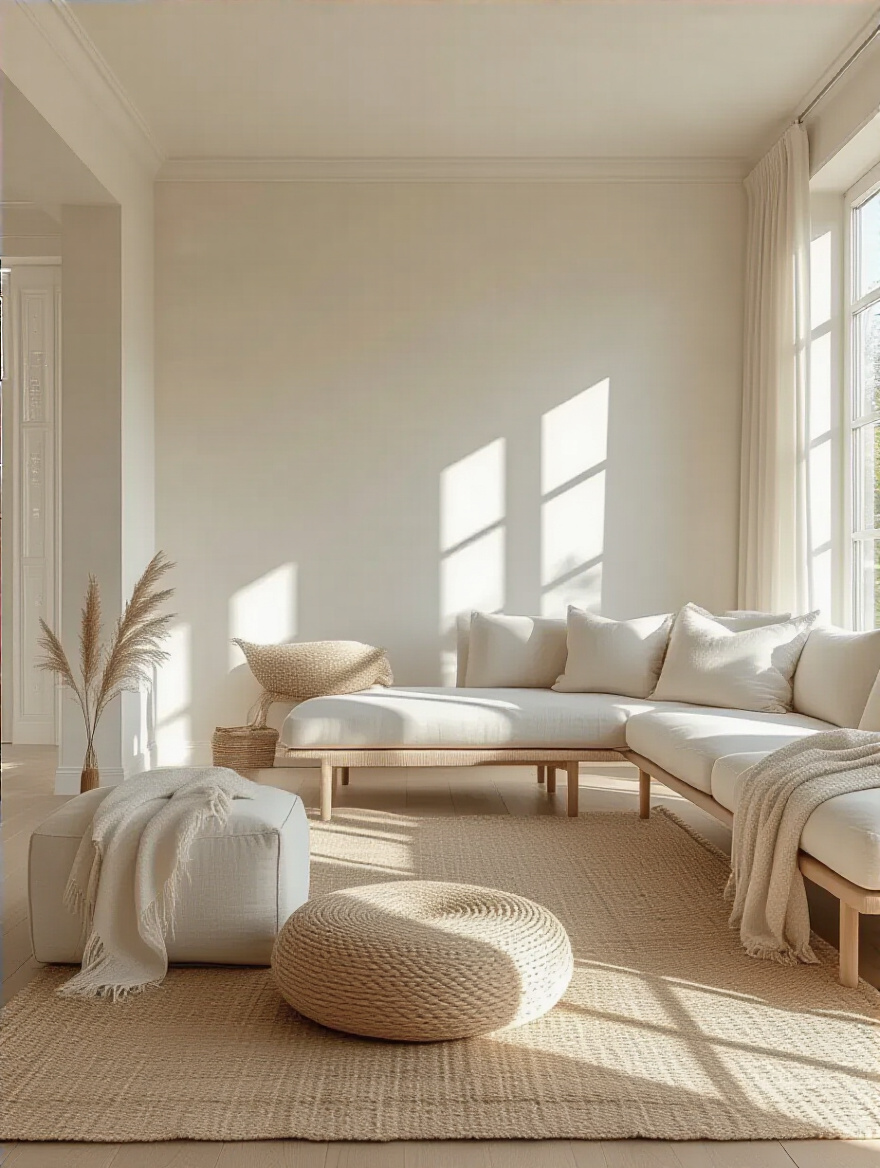 Modern living room with light-enhancing white walls creating a bright, spacious, and airy atmosphere