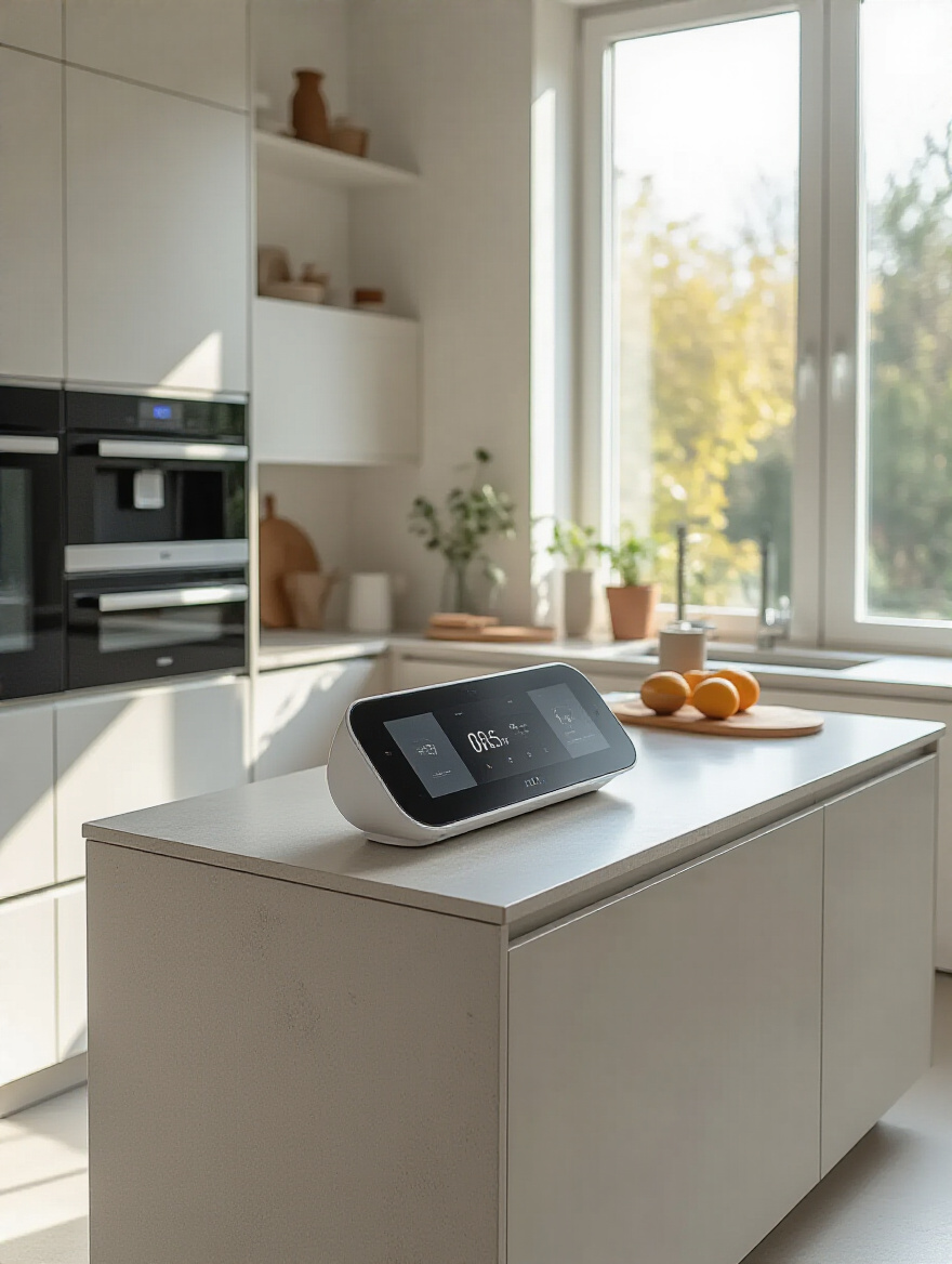 A professional photograph of a modern kitchen island featuring an integrated smart display and voice control system. The scene is well-lit with soft, natural light streaming through a nearby window, highlighting the sleek surfaces and smart technology. The camera angle is slightly above eye level, capturing the full view of the island with the smart display prominently visible, surrounded by minimalist decor and contemporary kitchen appliances.