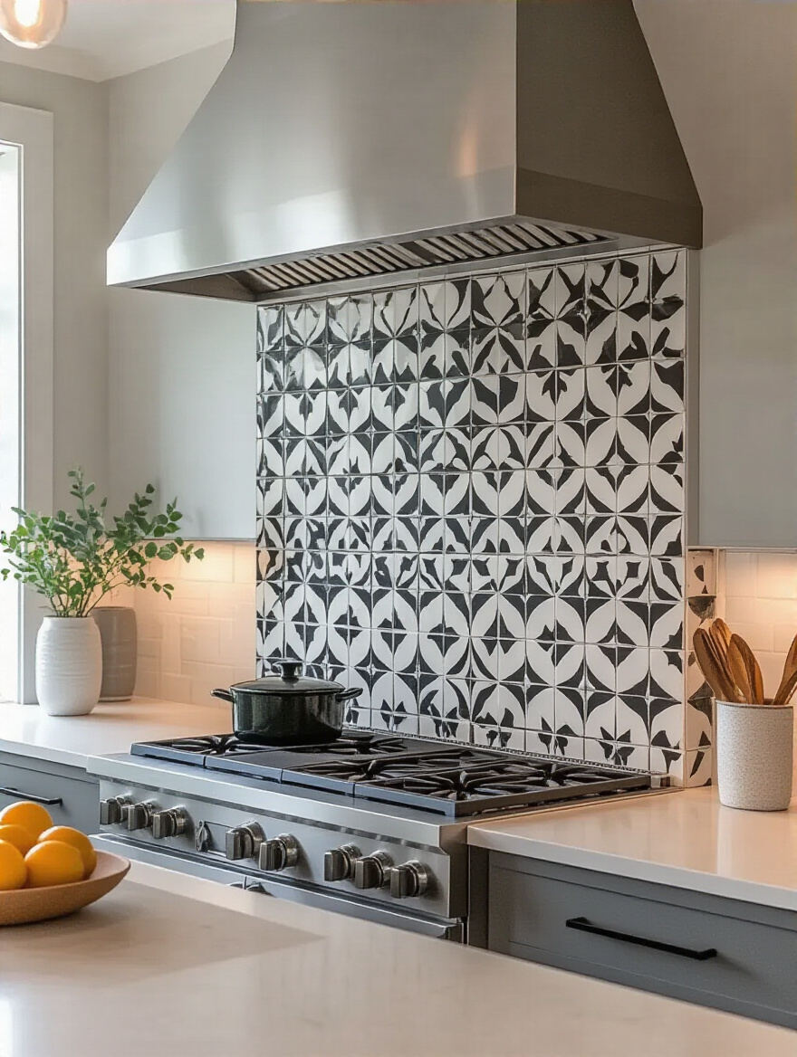 Modern kitchen with full-height geometric patterned porcelain tile backsplash in monochrome, accenting the walls uniquely