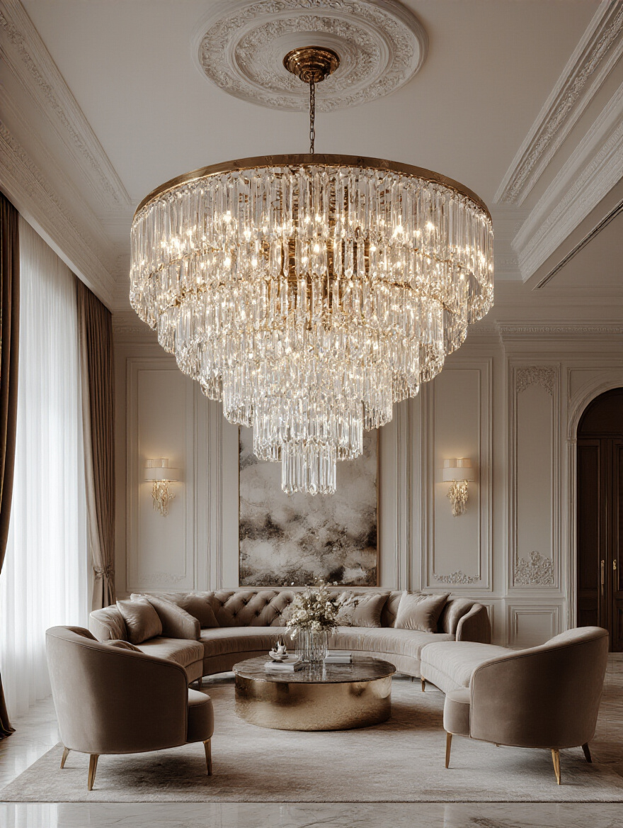 Luxurious living room centered on a grand crystal chandelier as visual anchor, no people, warm ambient lighting