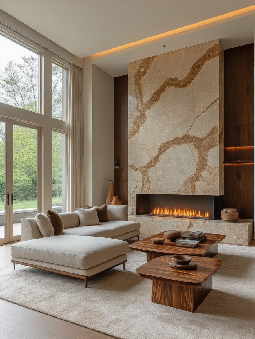 Luxurious living room portrait featuring rare natural stone and exotic wood elements, backlit stone, warm ambient lighting.