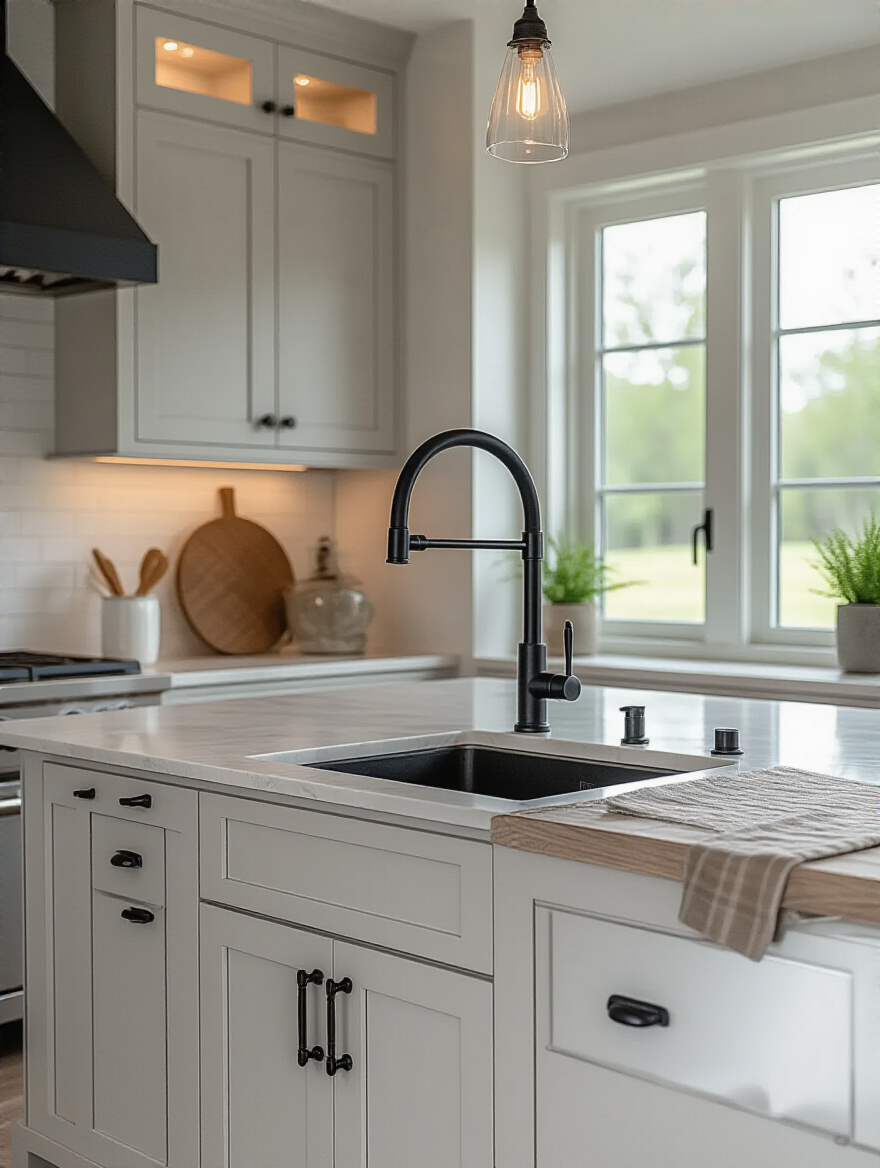 Modern kitchen close-up with cohesive matte black cabinet hardware and fixtures highlighting design unity