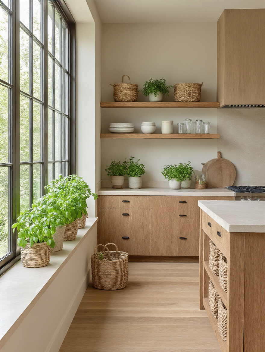 Modern kitchen with plants, wood textures, and soft natural light enhancing biophilic warmth
