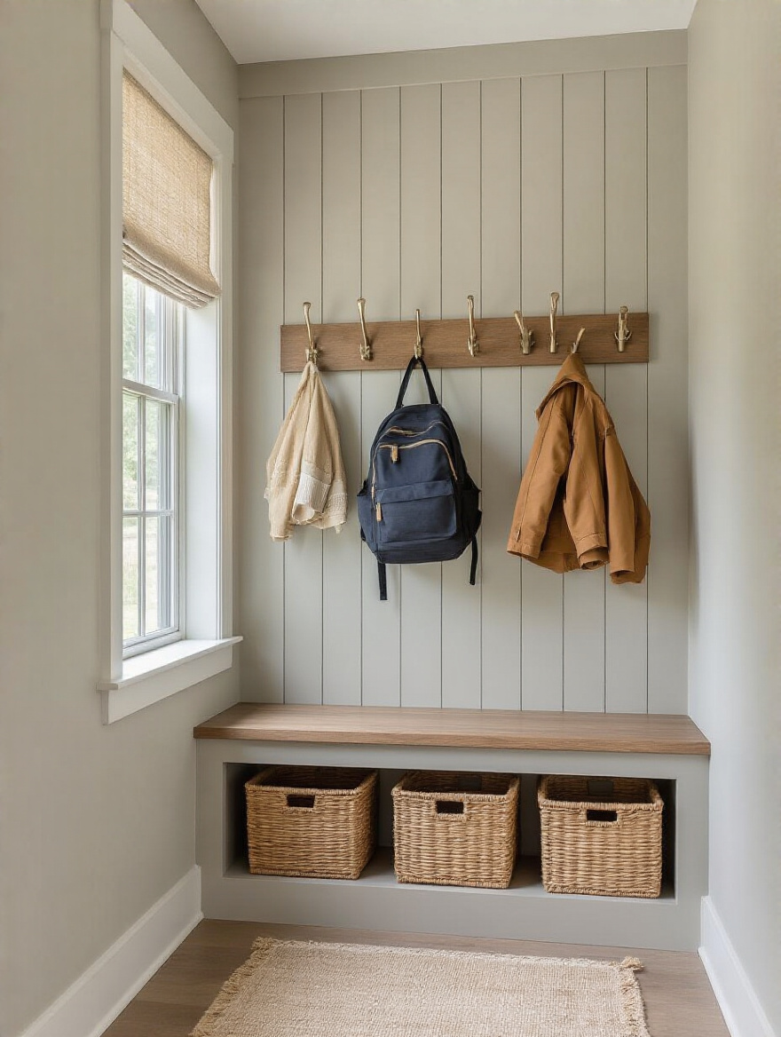 Mudroom wall with multi-height hooks and organized coats and backpacks