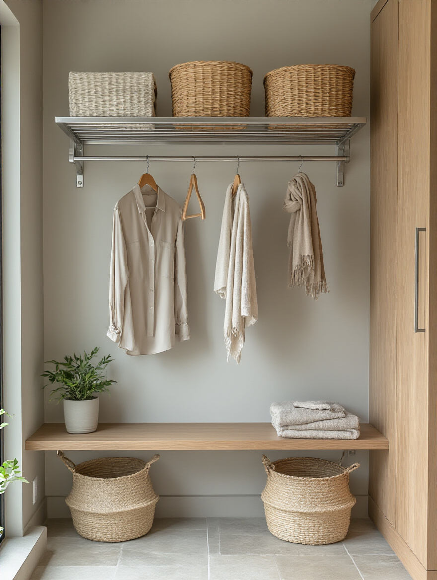 Portrait view of a mudroom with a wall-mounted drying rack and delicate garments air-drying.