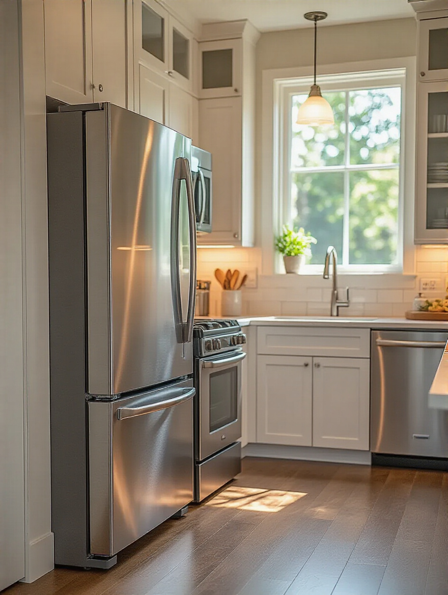 Modern kitchen interior with new energy-efficient stainless steel appliances including refrigerator, dishwasher, and oven, well-lit with natural and ambient lighting