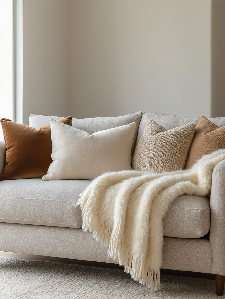 Cozy living room sofa with decorative pillows and a casually draped throw blanket for comfort and style