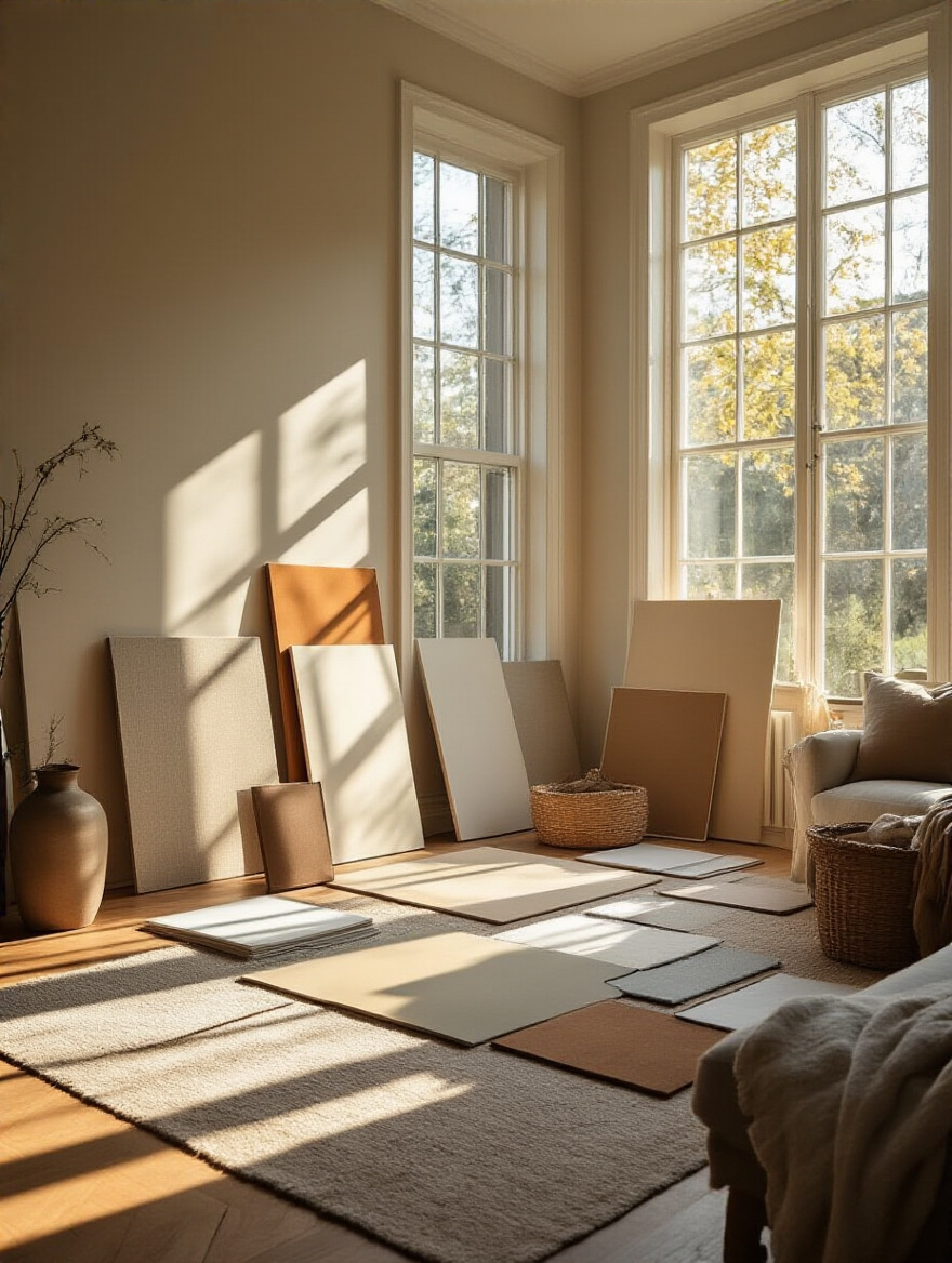 Bright living room with large windows showing natural light exposure and fabric and paint samples demonstrating color changes