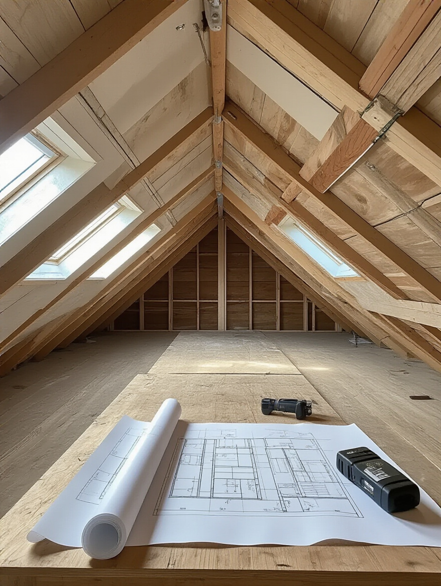 Portrait-style attic with exposed framing, rolled plans on a table, no people, warm daylight