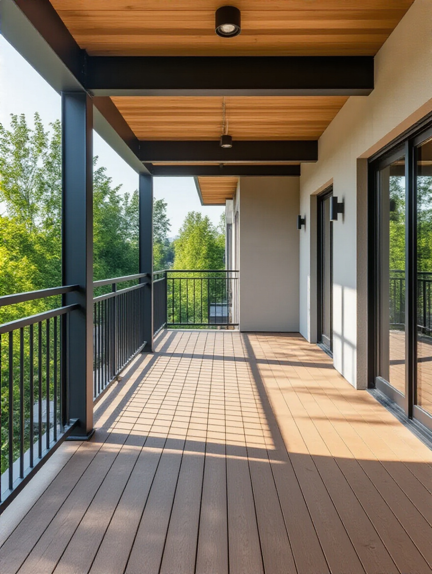 Modern residential balcony showing structural beams and supports for assessing load capacity safely