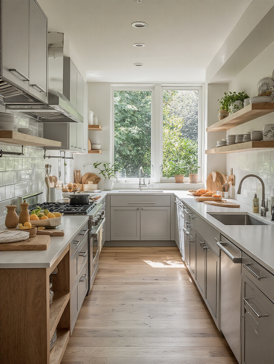 Modern kitchen portrait showing ergonomic layout with defined cooking, prep, and cleaning zones, adjustable counter heights, and efficient workflow design